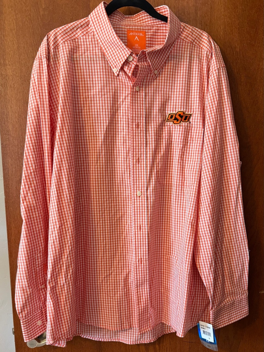 Antigua Men's Orange and White Check Button-Down Shirt with OSU Logo